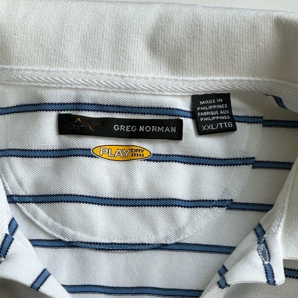 Greg Norman Grumpy Golf Shirt Play Dry White W/Blue Black Stripes XXL Tags/Flaw - Picture 4 of 11